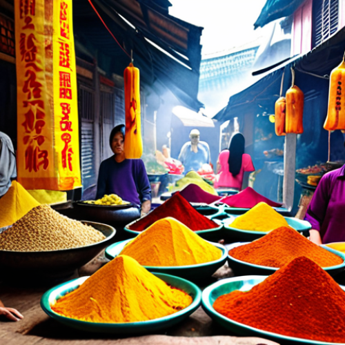 Home 22 **Prompt 1: Sensory Symphony of a Vietnamese Market**
A vibrant, bustling Vietnamese traditional market, overflowing with sensory details. The scene is a rich tapestry of colors: piles of bright spices (turmeric, paprika, chili), golden mangoes, and deep purple dragon fruits. Steaming bowls of aromatic Pho are visible, alongside draped, colorful silk textiles. Sunlight filters through the busy stalls, illuminating the scene. People are smiling, engaging in friendly chatter, and children are playing. Subtle hints of incense and fresh flowers mingle with the alluring aroma of Vietnamese drip coffee, creating a dynamic, lively, and warm atmosphere.