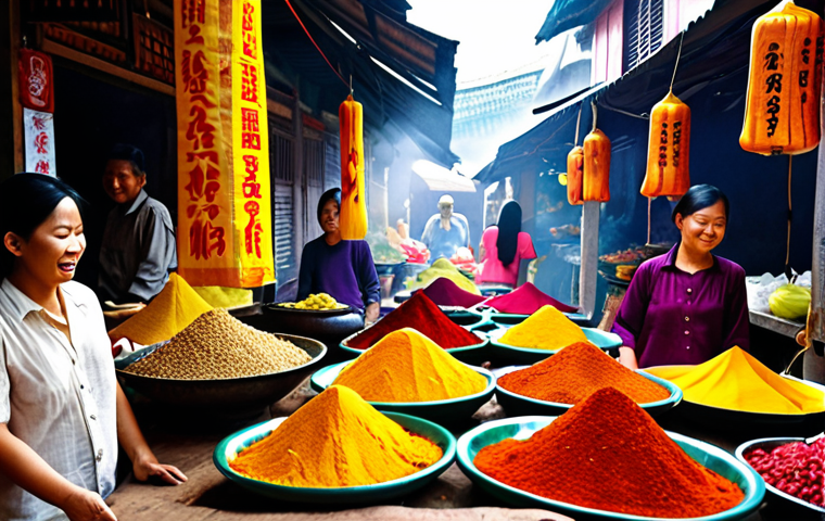 **Prompt 1: Sensory Symphony of a Vietnamese Market**
    A vibrant, bustling Vietnamese traditional market, overflowing with sensory details. The scene is a rich tapestry of colors: piles of bright spices (turmeric, paprika, chili), golden mangoes, and deep purple dragon fruits. Steaming bowls of aromatic Pho are visible, alongside draped, colorful silk textiles. Sunlight filters through the busy stalls, illuminating the scene. People are smiling, engaging in friendly chatter, and children are playing. Subtle hints of incense and fresh flowers mingle with the alluring aroma of Vietnamese drip coffee, creating a dynamic, lively, and warm atmosphere.