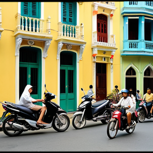 Home 21 A vibrant street scene in an old quarter of Hanoi or Ho Chi Minh City, showcasing the unique blend of French colonial and bustling Vietnamese life. The image features pastel-colored facades (soft yellows, blues, greens) adorned with ornate wrought-iron balconies and tall French windows. Below, the street is alive with the movement of motorbikes and local market activity. The atmosphere is a lively fusion of historic elegance and everyday dynamism, with hints of lush greenery on balconies.
