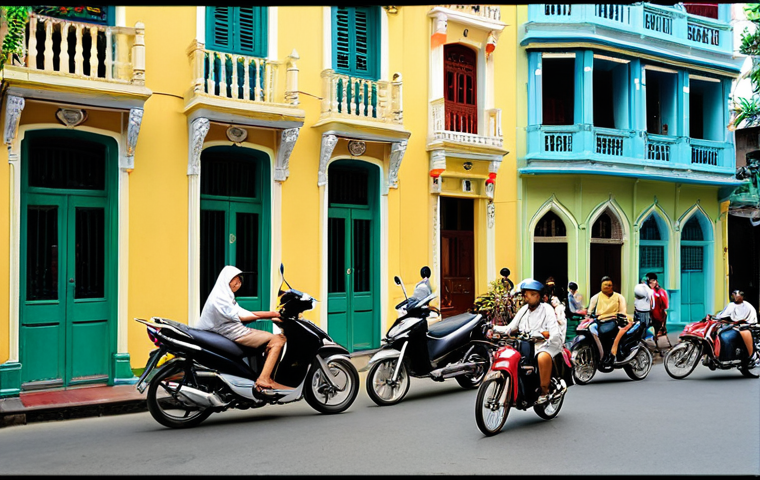 A vibrant street scene in an old quarter of Hanoi or Ho Chi Minh City, showcasing the unique blend of French colonial and bustling Vietnamese life. The image features pastel-colored facades (soft yellows, blues, greens) adorned with ornate wrought-iron balconies and tall French windows. Below, the street is alive with the movement of motorbikes and local market activity. The atmosphere is a lively fusion of historic elegance and everyday dynamism, with hints of lush greenery on balconies.