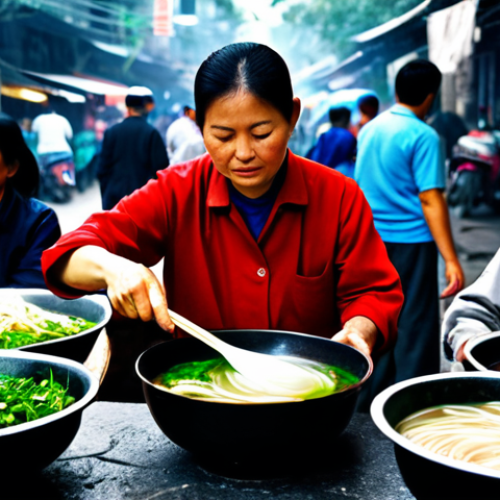 Home 9 Bustling Hanoi Marketplace**
"A vibrant and bustling scene in an old Hanoi marketplace, filled with vendors selling colorful food items. Focus on a vendor preparing a steaming bowl of Pho. Everyone is fully clothed in modest, appropriate attire. Safe for work, appropriate content, family-friendly. Perfect anatomy, correct proportions, natural pose, well-formed hands, proper finger count, natural body proportions, professional quality, high resolution."
**