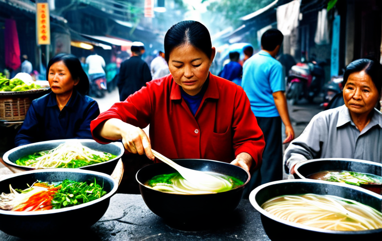 Bustling Hanoi Marketplace**

"A vibrant and bustling scene in an old Hanoi marketplace, filled with vendors selling colorful food items. Focus on a vendor preparing a steaming bowl of Pho. Everyone is fully clothed in modest, appropriate attire. Safe for work, appropriate content, family-friendly. Perfect anatomy, correct proportions, natural pose, well-formed hands, proper finger count, natural body proportions, professional quality, high resolution."

**