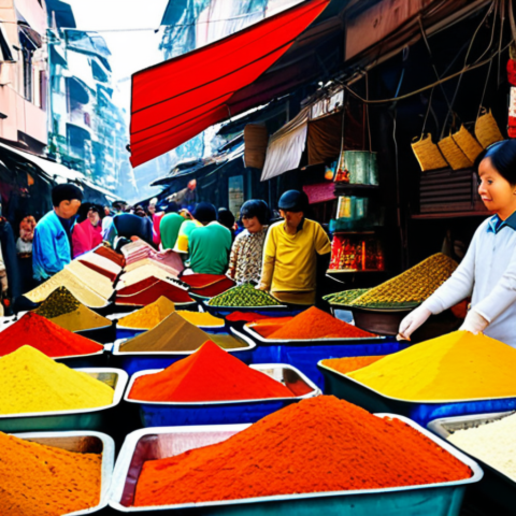 베트남 하노이 올드쿼터 - "Bustling Dong Xuan Market in Hanoi, Vietnam. Vendors selling spices, textiles, and street food. Col...