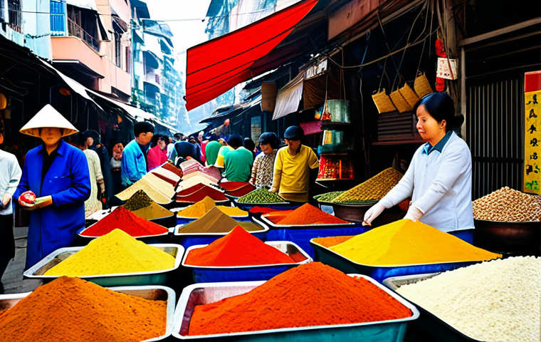 베트남 하노이 올드쿼터 - "Bustling Dong Xuan Market in Hanoi, Vietnam. Vendors selling spices, textiles, and street food. Col...