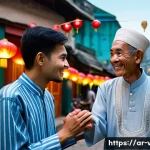 베트남 문화적 차이 - A respectful Vietnamese social interaction scene in an urban setting, featuring a young Arab man and...