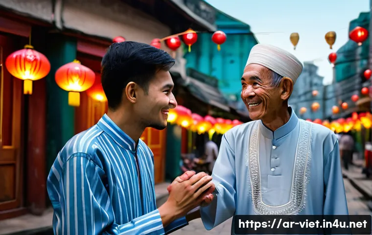 베트남 문화적 차이 - A respectful Vietnamese social interaction scene in an urban setting, featuring a young Arab man and...