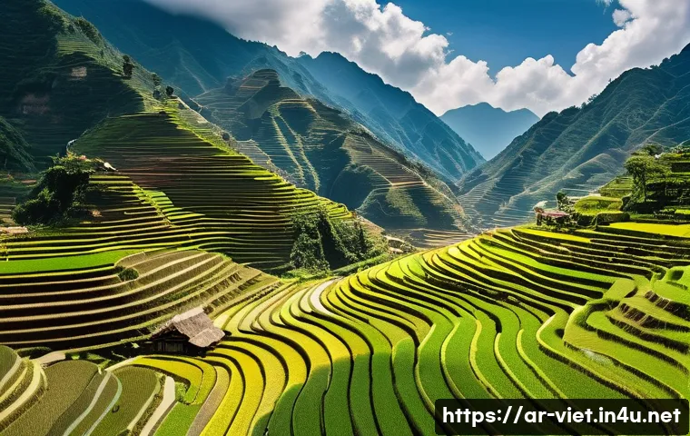 베트남 사파 계단식 논 - A breathtaking panoramic view of Sapa’s terraced rice fields in Vietnam during the vibrant planting ...