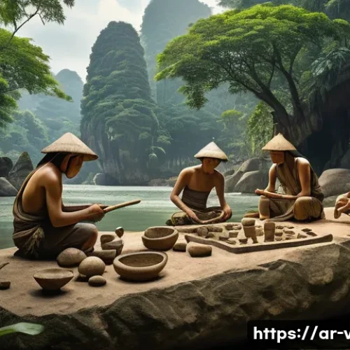 베트남 국립 역사 박물관 - An ancient Vietnamese prehistoric scene depicting early human communities crafting stone and bone to...