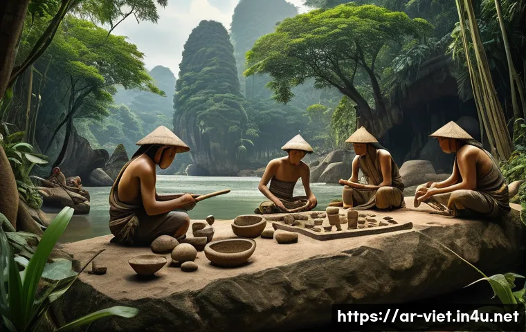 베트남 국립 역사 박물관 - An ancient Vietnamese prehistoric scene depicting early human communities crafting stone and bone to...