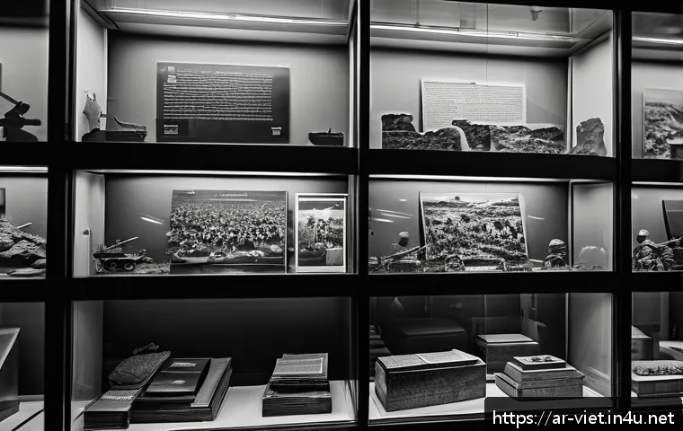 베트남 전쟁 박물관 - A detailed museum exhibit showcasing the Vietnam War with rare black-and-white photographs and origi...