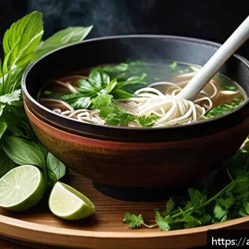 베트남 요리 클래스 - A vibrant Vietnamese kitchen scene showcasing fresh herbs like coriander, basil, and mint prominentl...