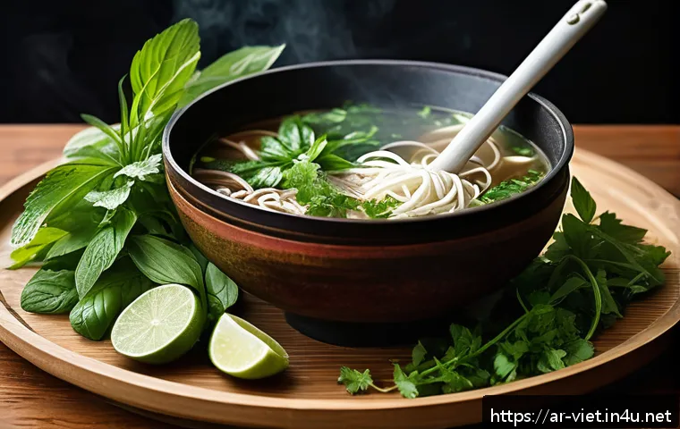 베트남 요리 클래스 - A vibrant Vietnamese kitchen scene showcasing fresh herbs like coriander, basil, and mint prominentl...