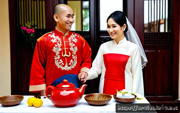 베트남 전통 결혼 문화 - Photorealistic Vietnamese traditional wedding tea ceremony, elegant bride in a red áo dài and khăn đ...