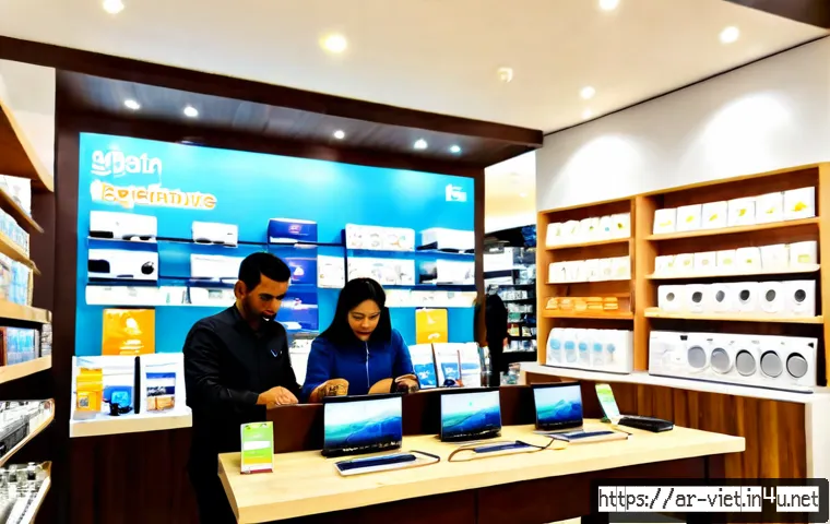 베트남에서 판매되는 전자제품 - Photorealistic modern electronics store in Ho Chi Minh City, Vietnam, an Arab family browsing smartp...